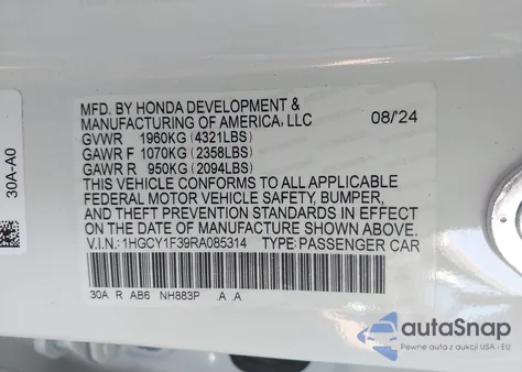 2024 Honda Accord Ex z USA, uszkodzony, nr VIN 1HGCY1F39RA085314